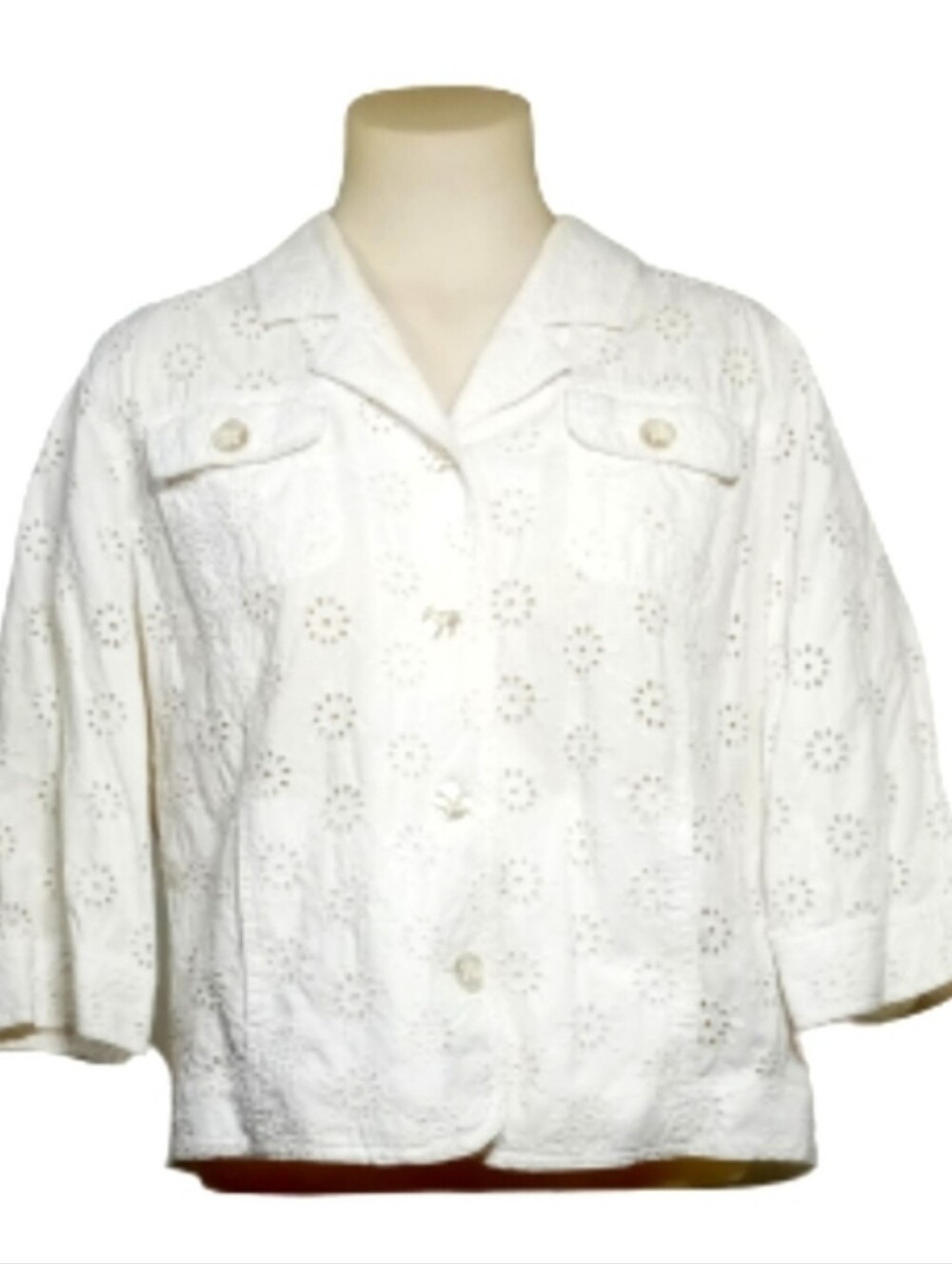 Tanjay White Eyelet Pearl Button-Front Jacket Sz 16P